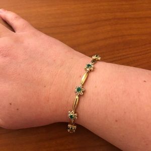 Plated 18KT Yellow Gold Green Agate and Diamond Bracelet